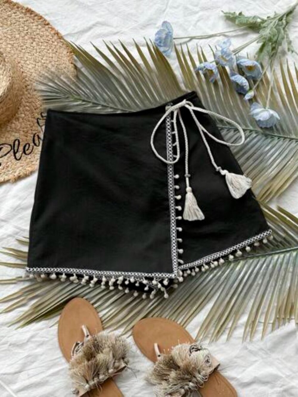 Black Pom Pom Trim Wrap Skort with Tassel Tie